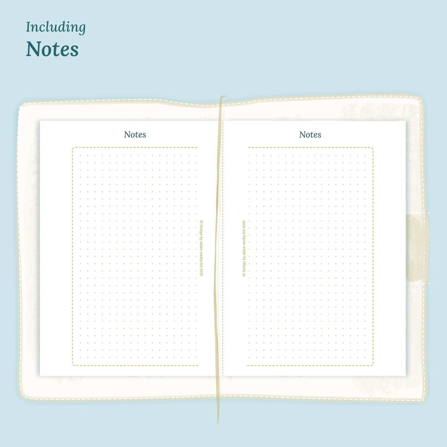 Open planner showing details of the PDF printable planner inserts module Notes for 2027 inside this Bundle XL in Passport size for Traveler's Notebook.