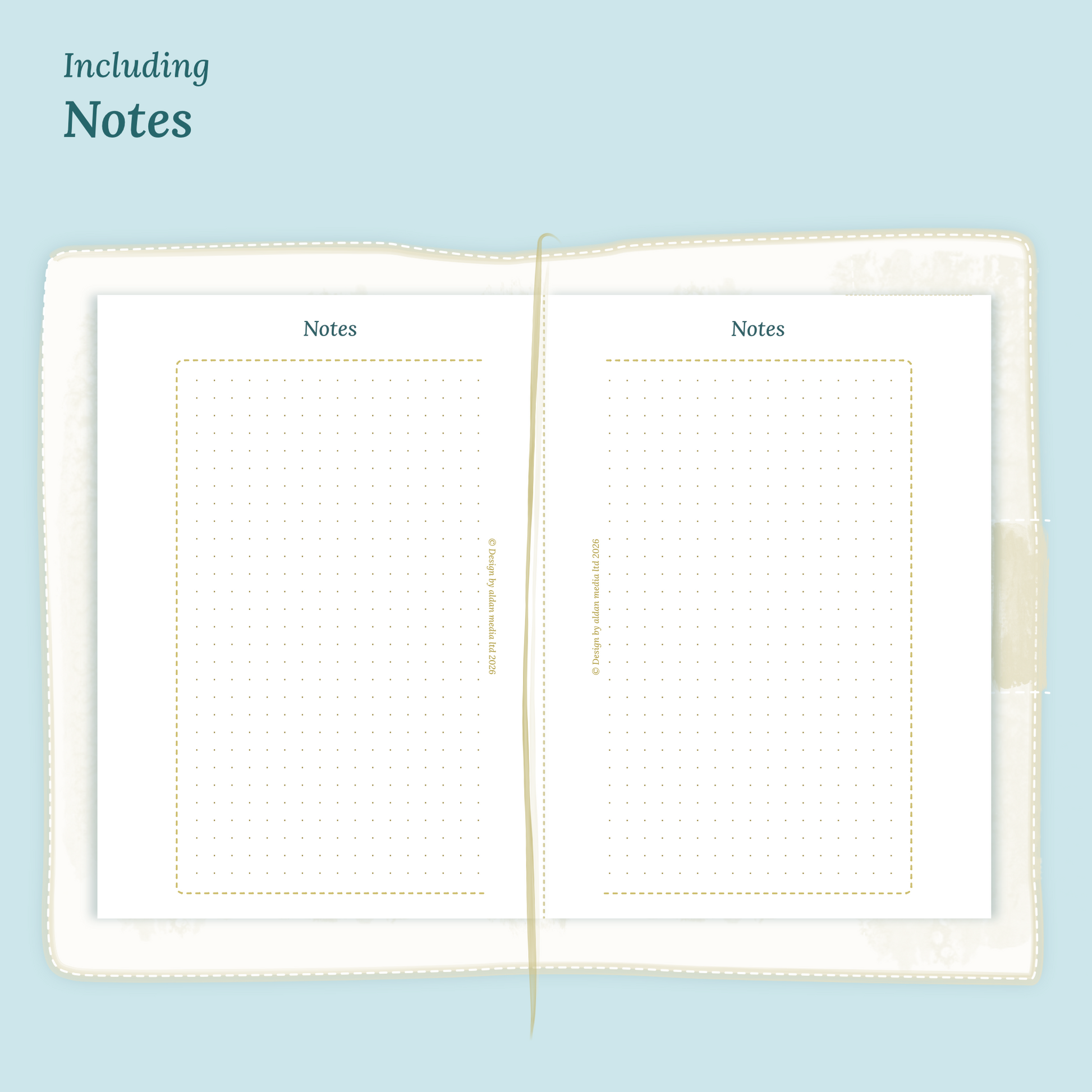 Open planner showing details of the PDF printable planner inserts module Notes for 2027 inside this Bundle XL in Passport size for Traveler's Notebook.