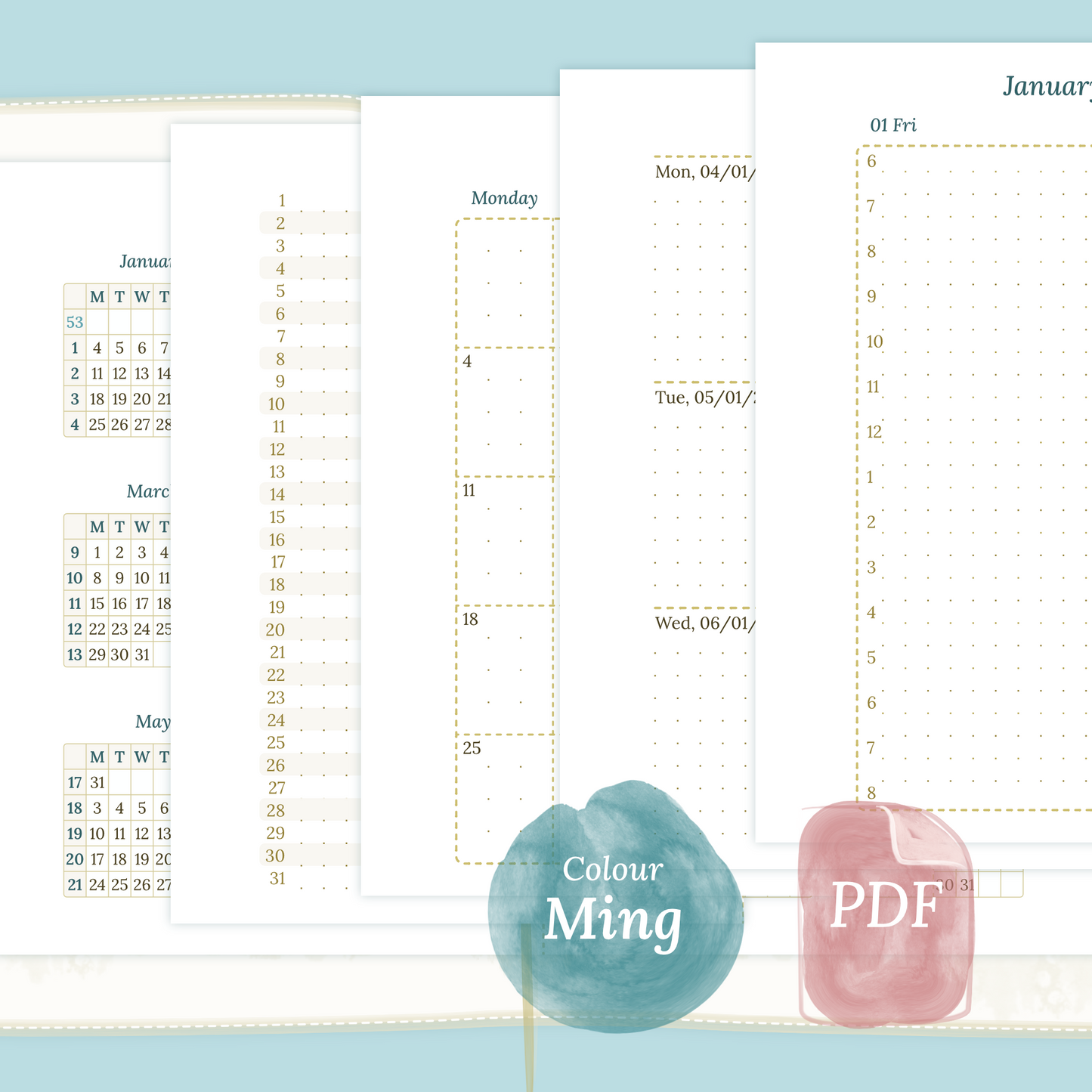 Examples featuring the PDF printable inserts modules of the Bundle XL 12M2P 12 month on 2 pages or year at a glance, M1P month on 1 page or future log, M2P month on 2 pages, W2P week on 2 pages, D1P day on 1 page and Notes in the colour Ming/Blue in Passport size for Traveler's Notebook.