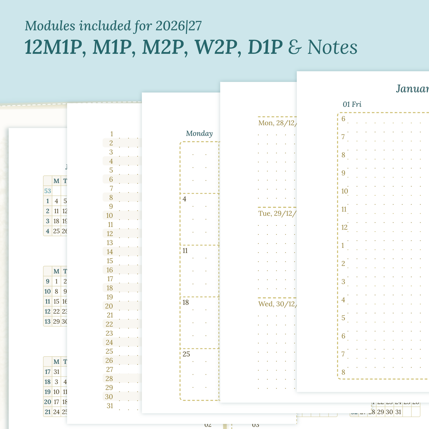 Calendar PDF printable inserts modules for the years 2026 and 2027 with various formats on a ming/blue background featuring 12M2P 12 month on 2 pages, M1P future log month on 1 page, M2P month on 2 pages, W2P week on 2 pages, D1P day on 1 page and a Notes.