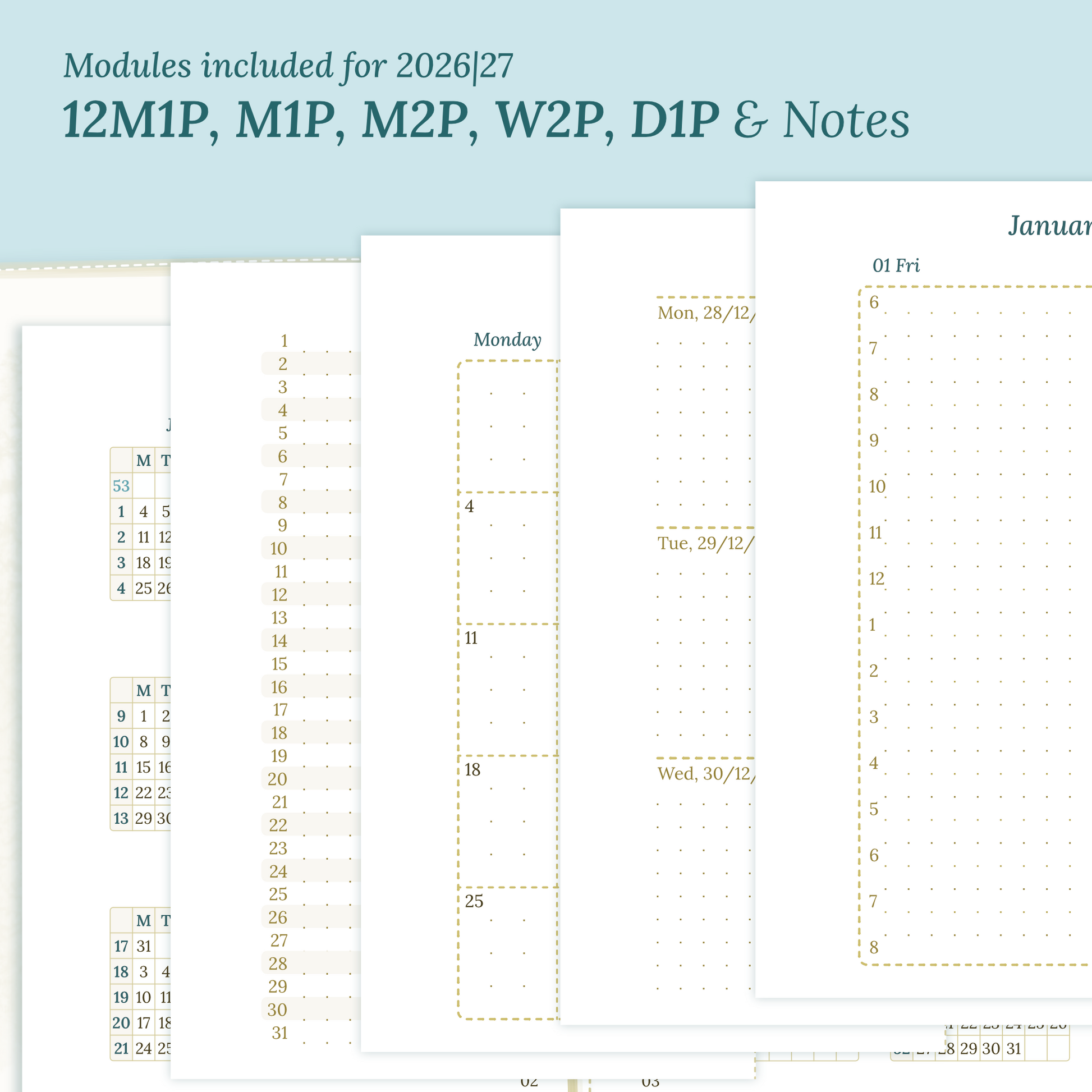 Calendar PDF printable inserts modules for the years 2026 and 2027 with various formats on a ming/blue background featuring 12M2P 12 month on 2 pages, M1P future log month on 1 page, M2P month on 2 pages, W2P week on 2 pages, D1P day on 1 page and a Notes.