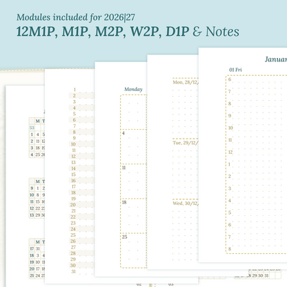 Calendar PDF printable inserts modules for the years 2026 and 2027 with various formats on a ming/blue background featuring 12M2P 12 month on 2 pages, M1P future log month on 1 page, M2P month on 2 pages, W2P week on 2 pages, D1P day on 1 page and a Notes.