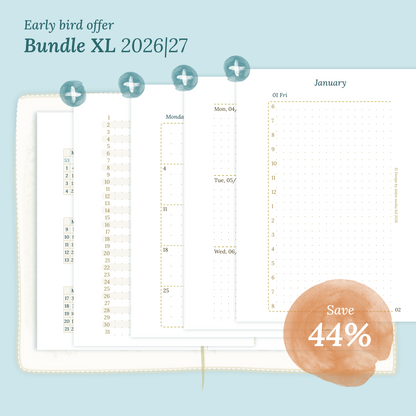 Calendar printable Bundle XL for 2026 and 2027 with early bird offer of 44% discount for Passport size Traveler's Notebook planner
