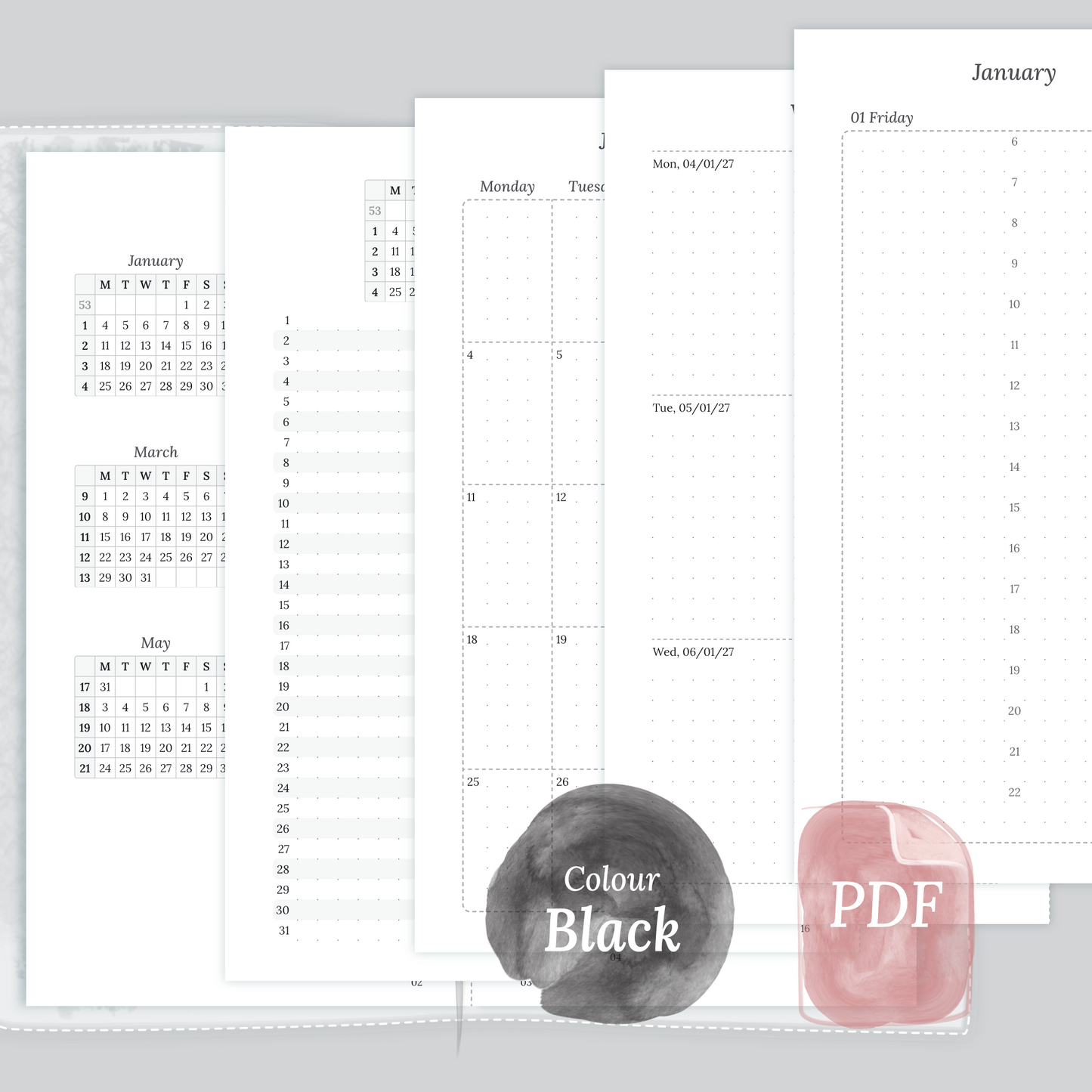Examples featuring the PDF printable inserts modules of the Bundle XL 12M2P 12 month on 2 pages or year at a glance, M1P month on 1 page or future log, M2P month on 2 pages, W2P week on 2 pages, D1P day on 1 page and Notes in the colour Black & White in Standard size for Traveler's Notebook.