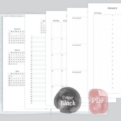 Examples featuring the PDF printable inserts modules of the Bundle XL 12M2P 12 month on 2 pages or year at a glance, M1P month on 1 page or future log, M2P month on 2 pages, W2P week on 2 pages, D1P day on 1 page and Notes in the colour Black & White in Standard size for Traveler's Notebook.