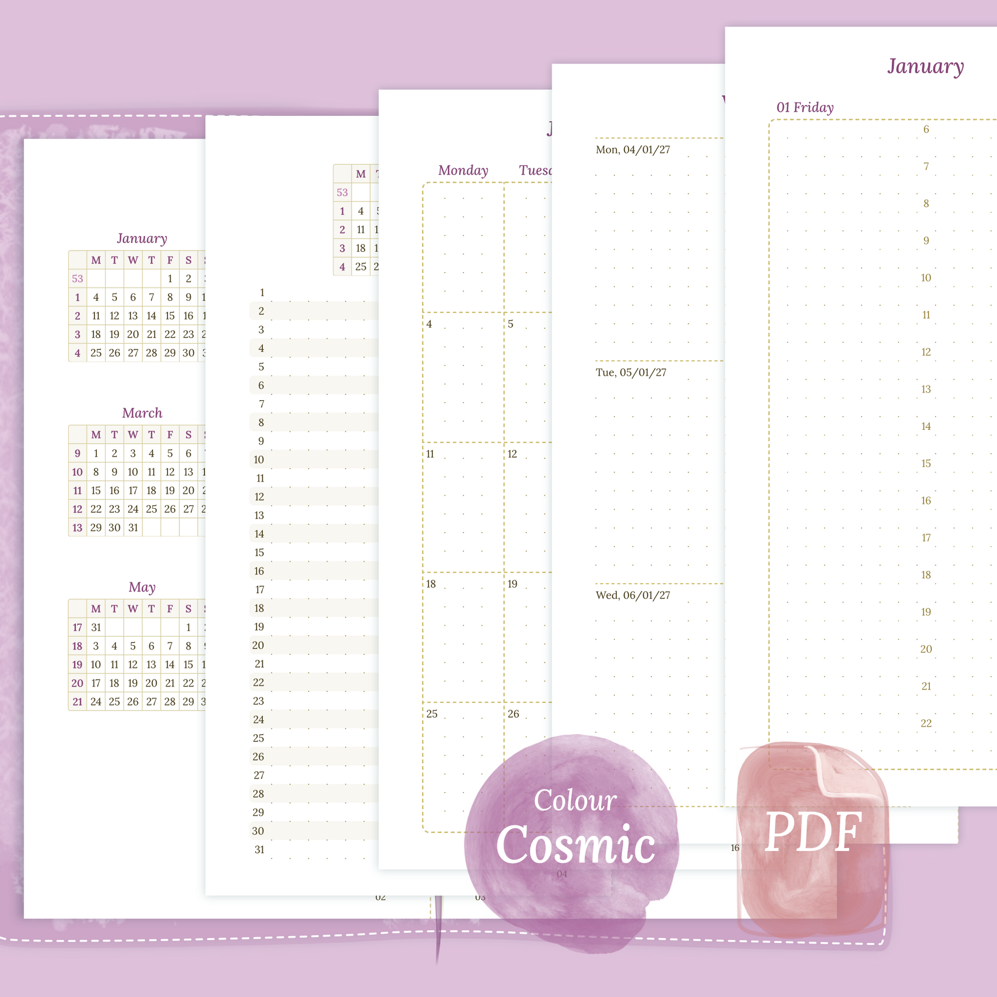 Examples featuring the PDF printable inserts modules of the Bundle XL 12M2P 12 month on 2 pages or year at a glance, M1P month on 1 page or future log, M2P month on 2 pages, W2P week on 2 pages, D1P day on 1 page and Notes in the colour Cosmic/Raspberry in Standard size for Traveler's Notebook.