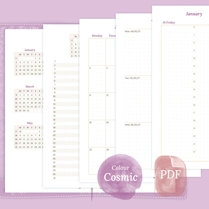Examples featuring the PDF printable inserts modules of the Bundle XL 12M2P 12 month on 2 pages or year at a glance, M1P month on 1 page or future log, M2P month on 2 pages, W2P week on 2 pages, D1P day on 1 page and Notes in the colour Cosmic/Raspberry in Standard size for Traveler's Notebook.