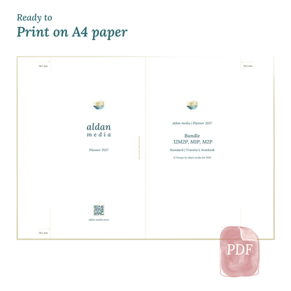 Printable PDF calendar planner with title design on A4 paper that illustrates that our products are ready to print on DIN A4 paper to get planner inserts in Standard size for Traveler's Notebooks.