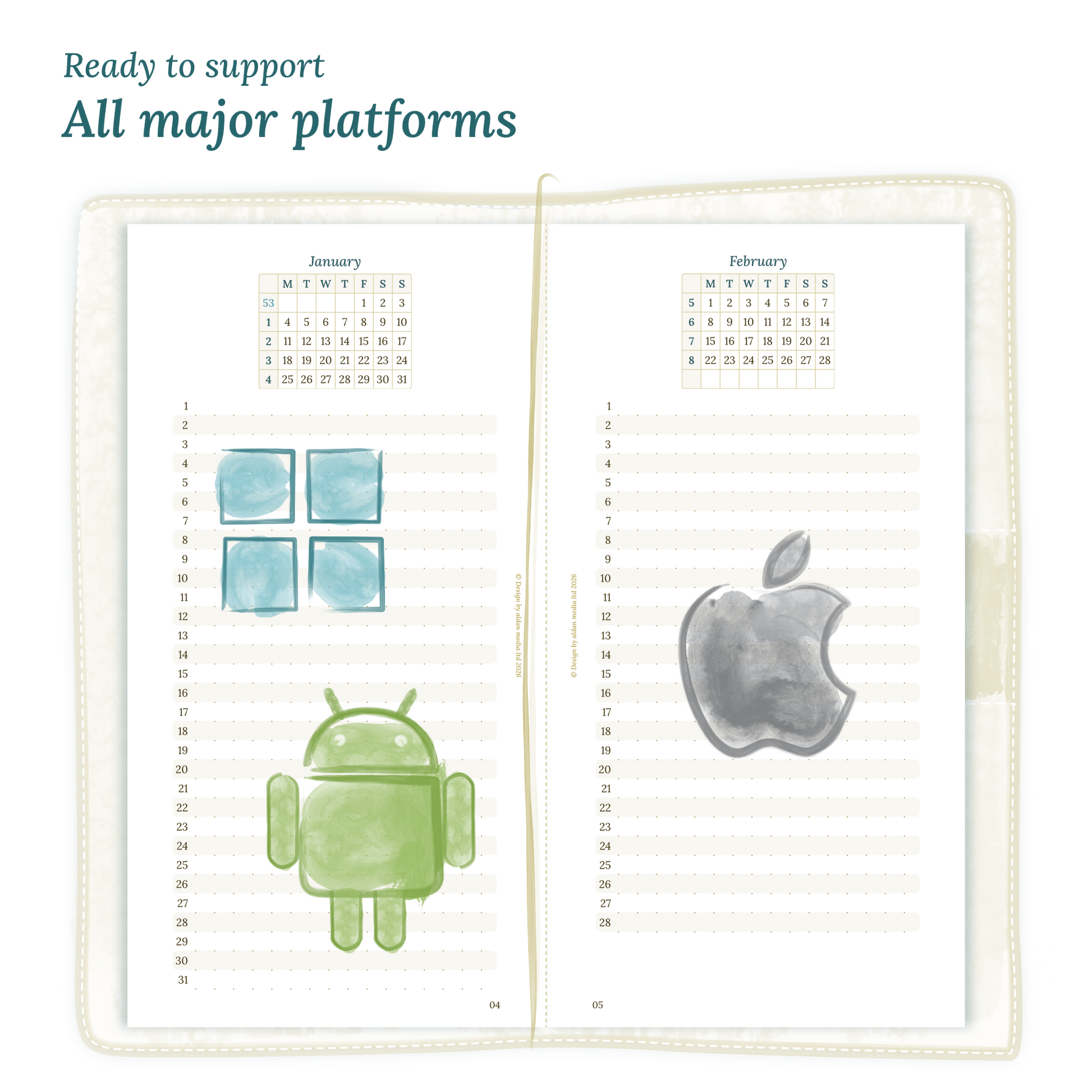 Open planner calendar insert with Windows, Android and Apple logos on a white background to show what operating systems are supported by our PDF printables.