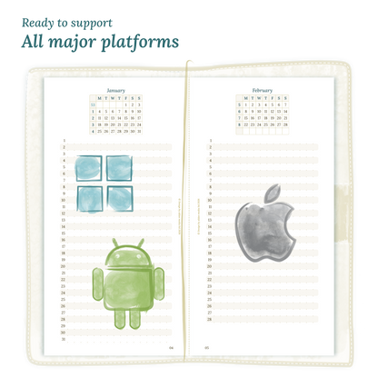 Open planner calendar insert with Windows, Android and Apple logos on a white background to show what operating systems are supported by our PDF printables.