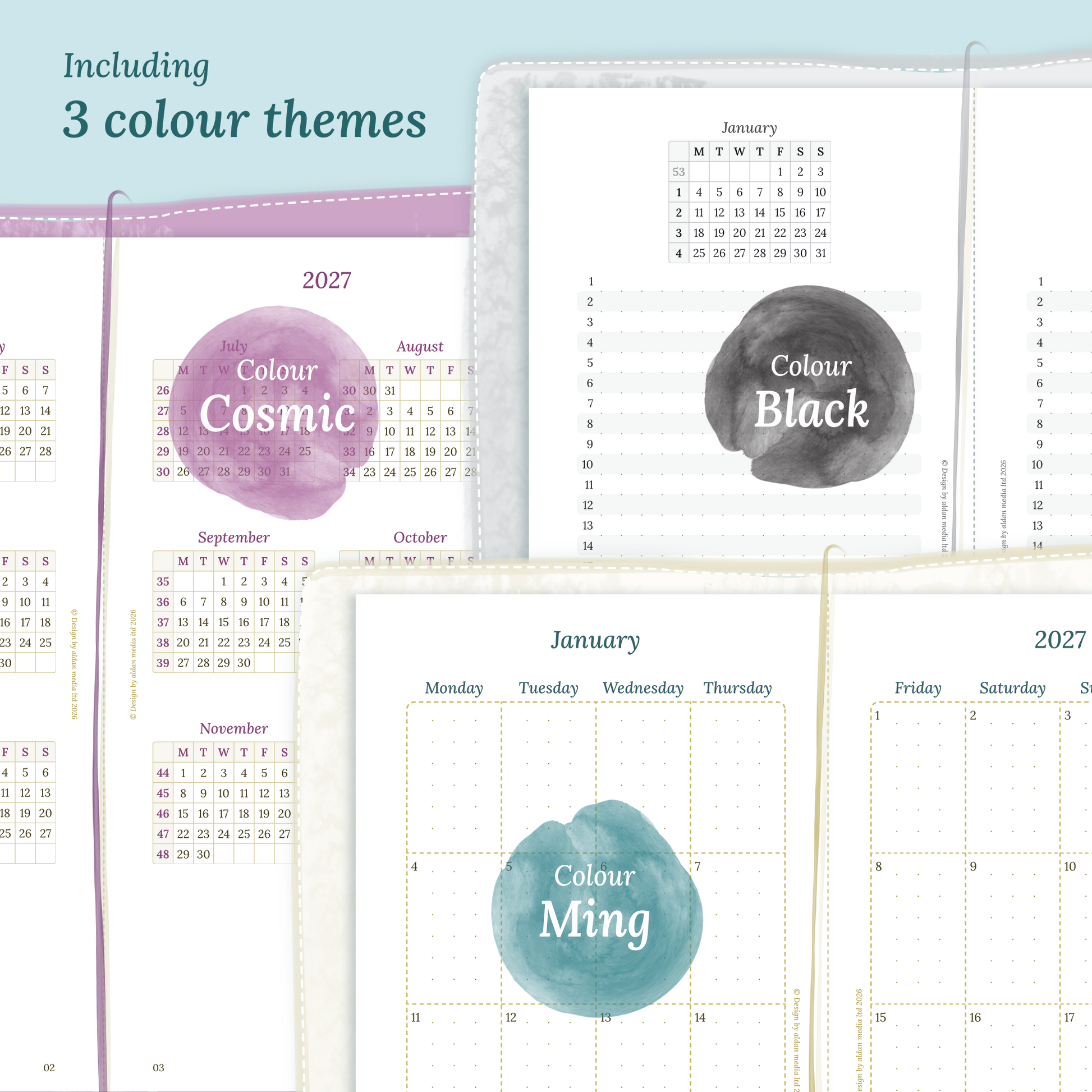 Three colour variants of the calendar designs with colour themes ‚Cosmic/Raspberry', 'Black', and ‚Ming/Blue' displayed to show how the different modules of the Bundle XL look like in Standard size for Traveler's Notebook.