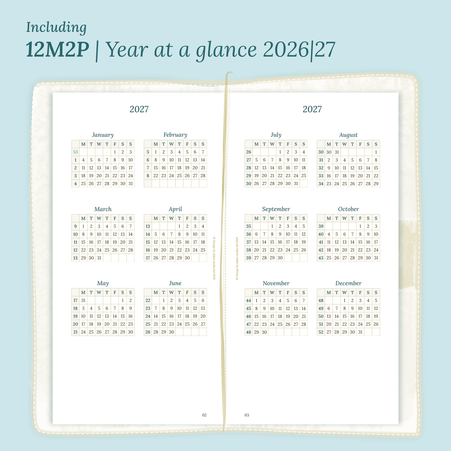 Open planner showing details of the PDF printable planner inserts module  12M2P 12 months on 2 pages for 2026 & 2027 inside this Bundle XL