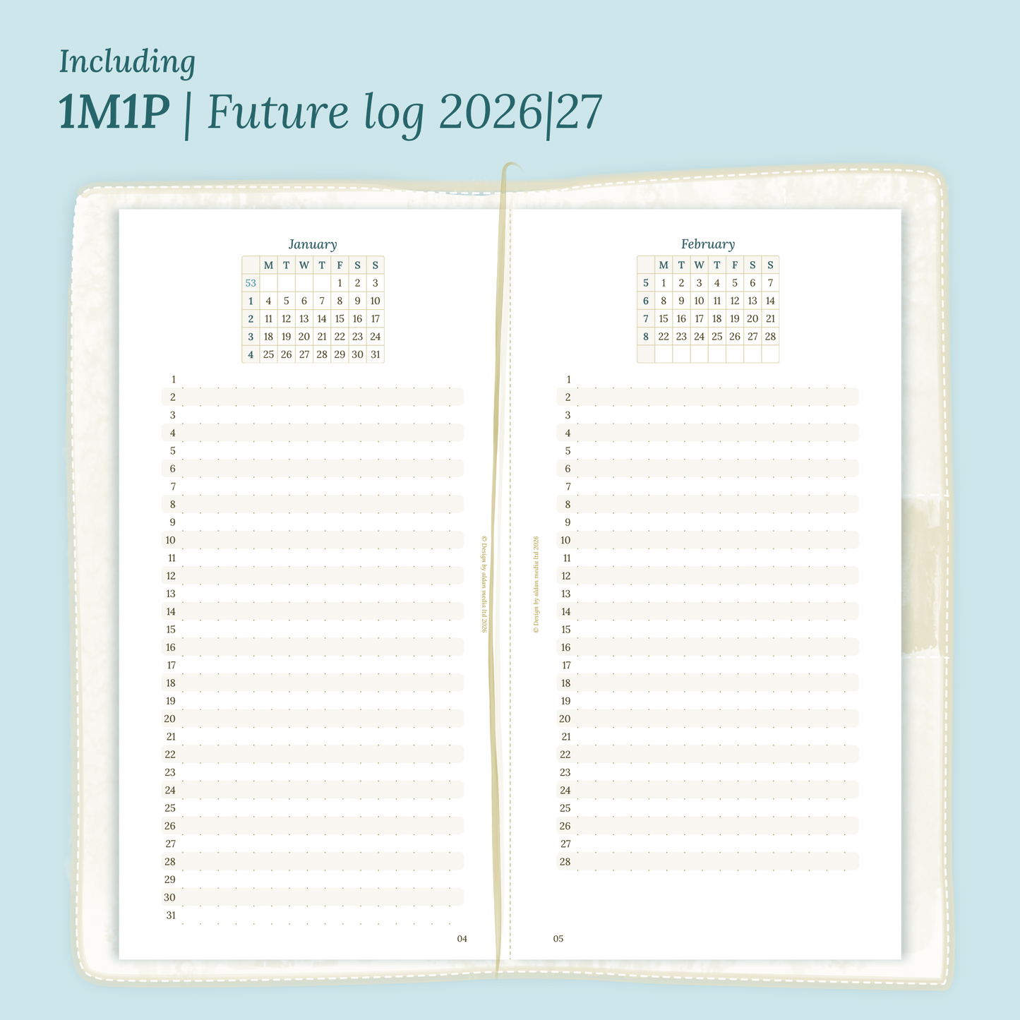 Open planner showing details of the PDF printable planner inserts module M1P future log month on 1 page for 2026 & 2027 inside this Bundle XL