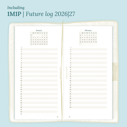 Open planner showing details of the PDF printable planner inserts module M1P future log month on 1 page for 2026 & 2027 inside this Bundle XL