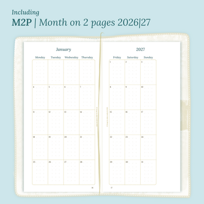 Open planner showing details of the PDF printable planner inserts module M2P month on 2 pages for 2026 and 2027 inside this Bundle XL in Standard size for Traveler's Notebook.