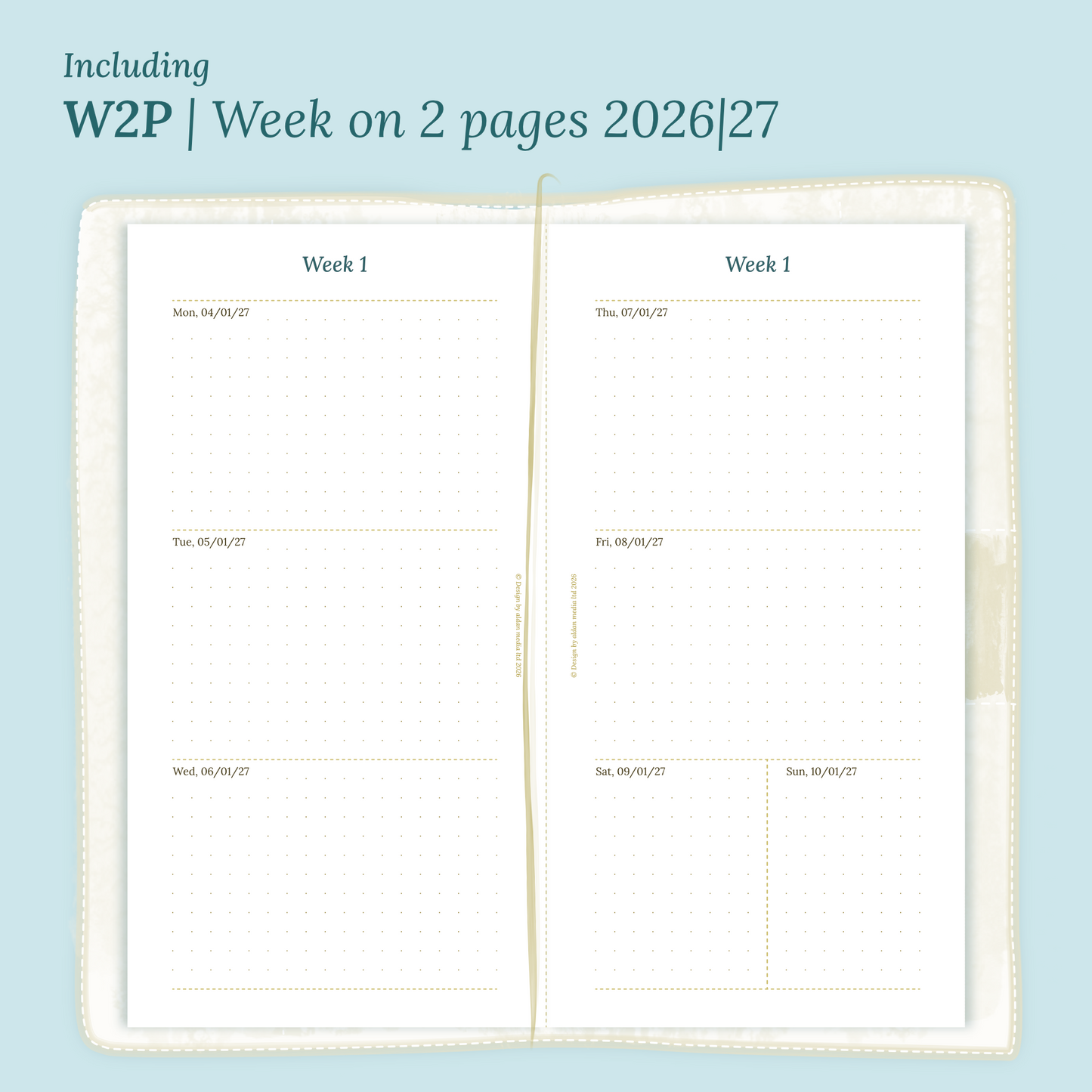 Open planner showing details of the PDF printable planner inserts module W2P week on 2 pages for 2026 and 2027 inside this Bundle XL in Standard size for Traveler's Notebook.