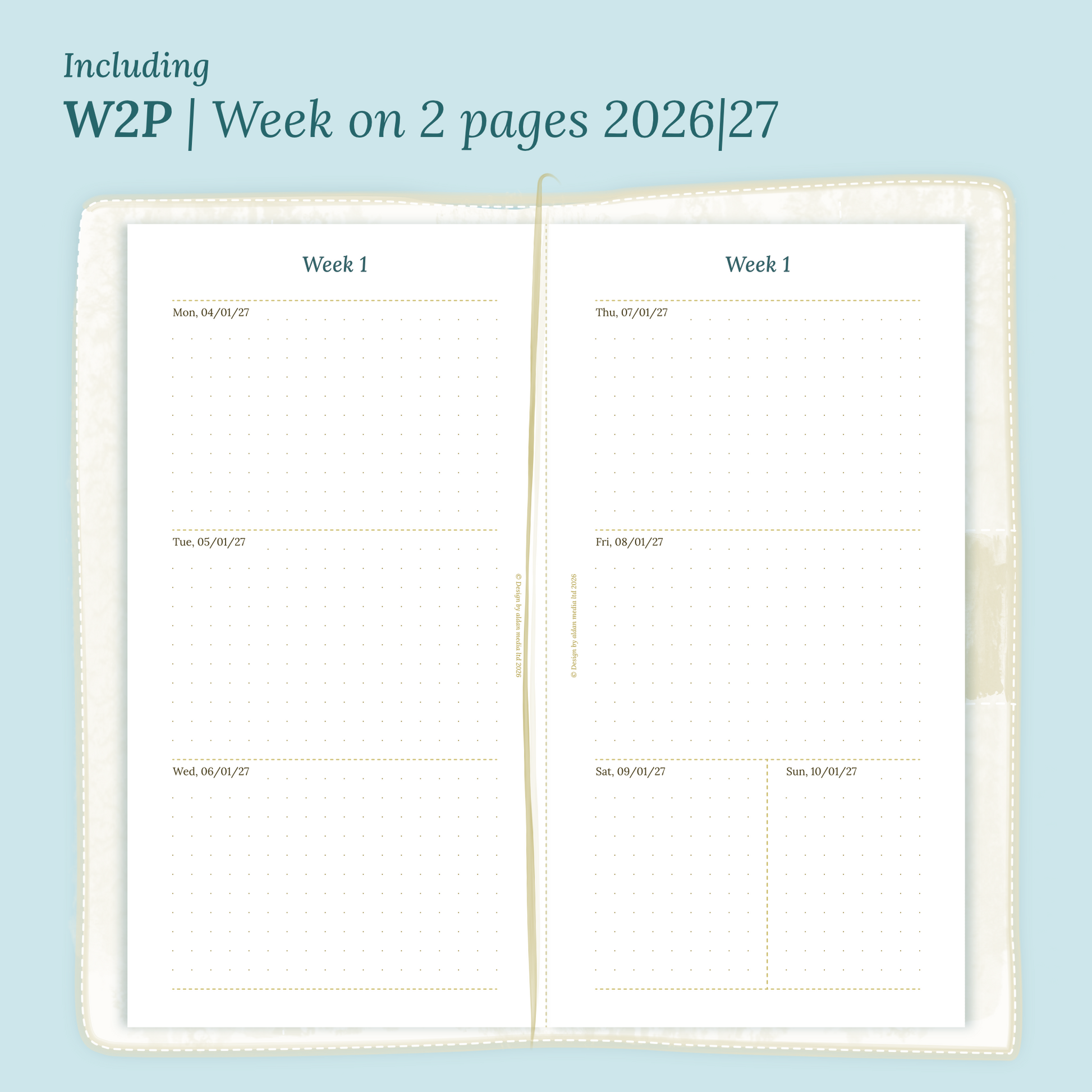 Open planner showing details of the PDF printable planner inserts module W2P week on 2 pages for 2026 and 2027 inside this Bundle XL in Standard size for Traveler's Notebook.