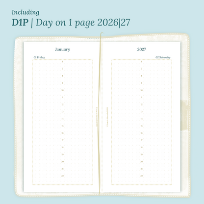 Open planner showing details of the PDF printable planner inserts module D1P day on 1 page for 2026 and 2027 inside this Bundle XL in Standard size for Traveler's Notebook.