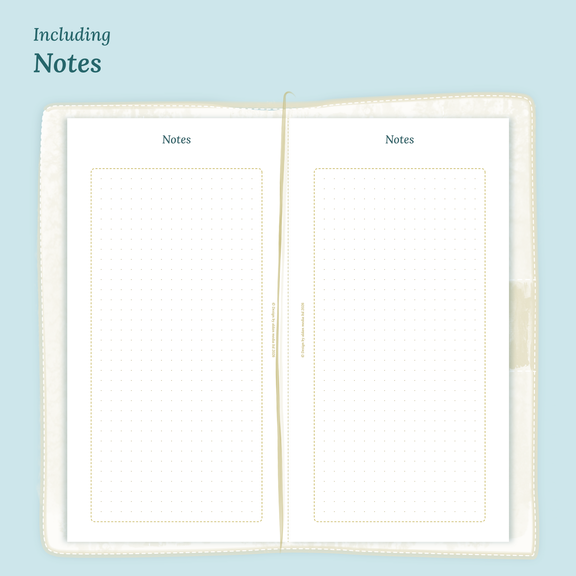Open planner showing details of the PDF printable planner inserts module Notes for 2027 inside this Bundle XL in Standard size for Traveler's Notebook.