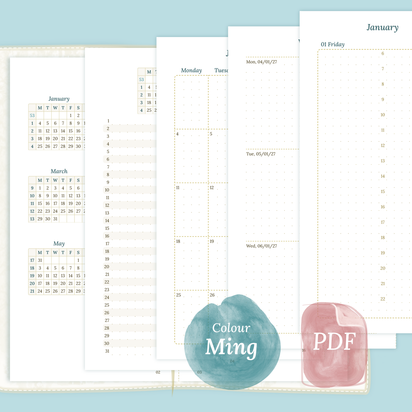 Examples featuring the PDF printable inserts modules of the Bundle XL 12M2P 12 month on 2 pages or year at a glance, M1P month on 1 page or future log, M2P month on 2 pages, W2P week on 2 pages, D1P day on 1 page and Notes in the colour Ming/Blue in Standard size for Traveler's Notebook.