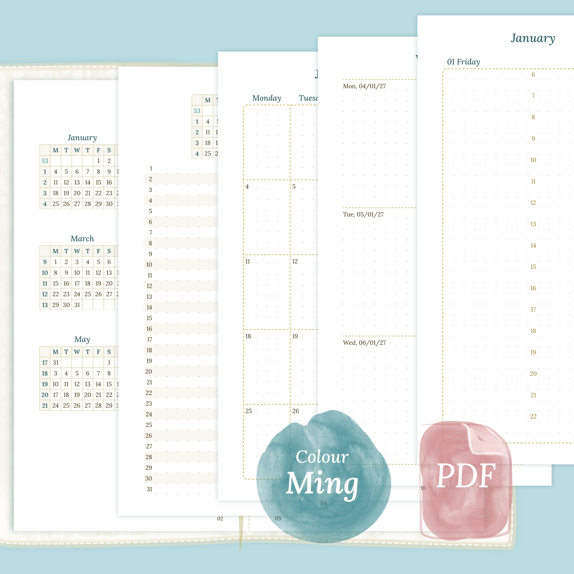 Examples featuring the PDF printable inserts modules of the Bundle XL 12M2P 12 month on 2 pages or year at a glance, M1P month on 1 page or future log, M2P month on 2 pages, W2P week on 2 pages, D1P day on 1 page and Notes in the colour Ming/Blue in Standard size for Traveler's Notebook.