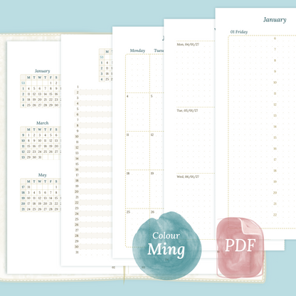 Examples featuring the PDF printable inserts modules of the Bundle XL 12M2P 12 month on 2 pages or year at a glance, M1P month on 1 page or future log, M2P month on 2 pages, W2P week on 2 pages, D1P day on 1 page and Notes in the colour Ming/Blue in Standard size for Traveler's Notebook.