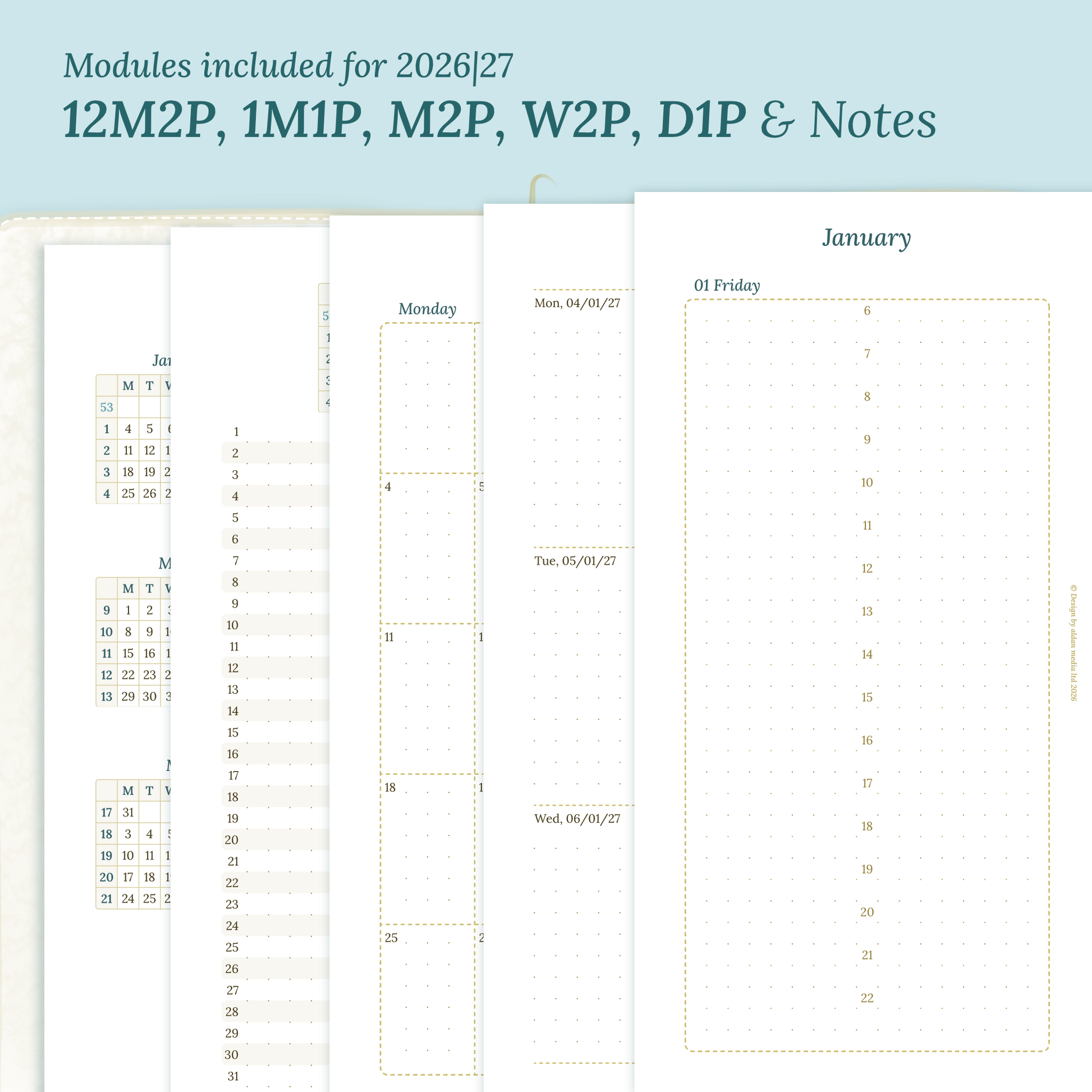 Calendar PDF printable inserts modules for the years 2026 and 2027 with various formats on a ming/blue background featuring 12M2P 12 month on 2 pages, M1P future log month on 1 page, M2P month on 2 pages, W2P week on 2 pages, D1P day on 1 page and a Notes.