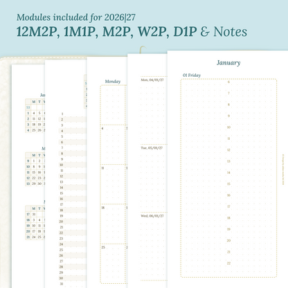Calendar PDF printable inserts modules for the years 2026 and 2027 with various formats on a ming/blue background featuring 12M2P 12 month on 2 pages, M1P future log month on 1 page, M2P month on 2 pages, W2P week on 2 pages, D1P day on 1 page and a Notes.