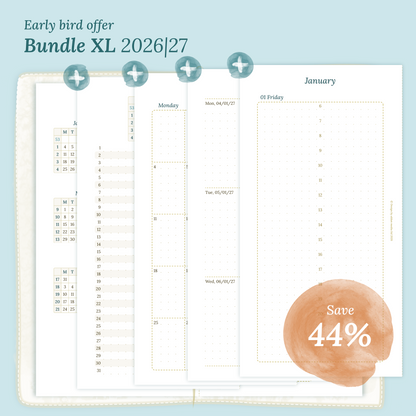Calendar printable Bundle XL for 2026 and 2027 with early bird offer of 44% discount for Standard size Traveler's Notebook planner