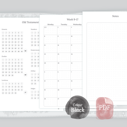 Examples featuring the printable Catholic Bible study kit inserts modules Catholic Bible journey map, 9W2P 9 weeks on 2 pages and Notes in the colour Black & White.