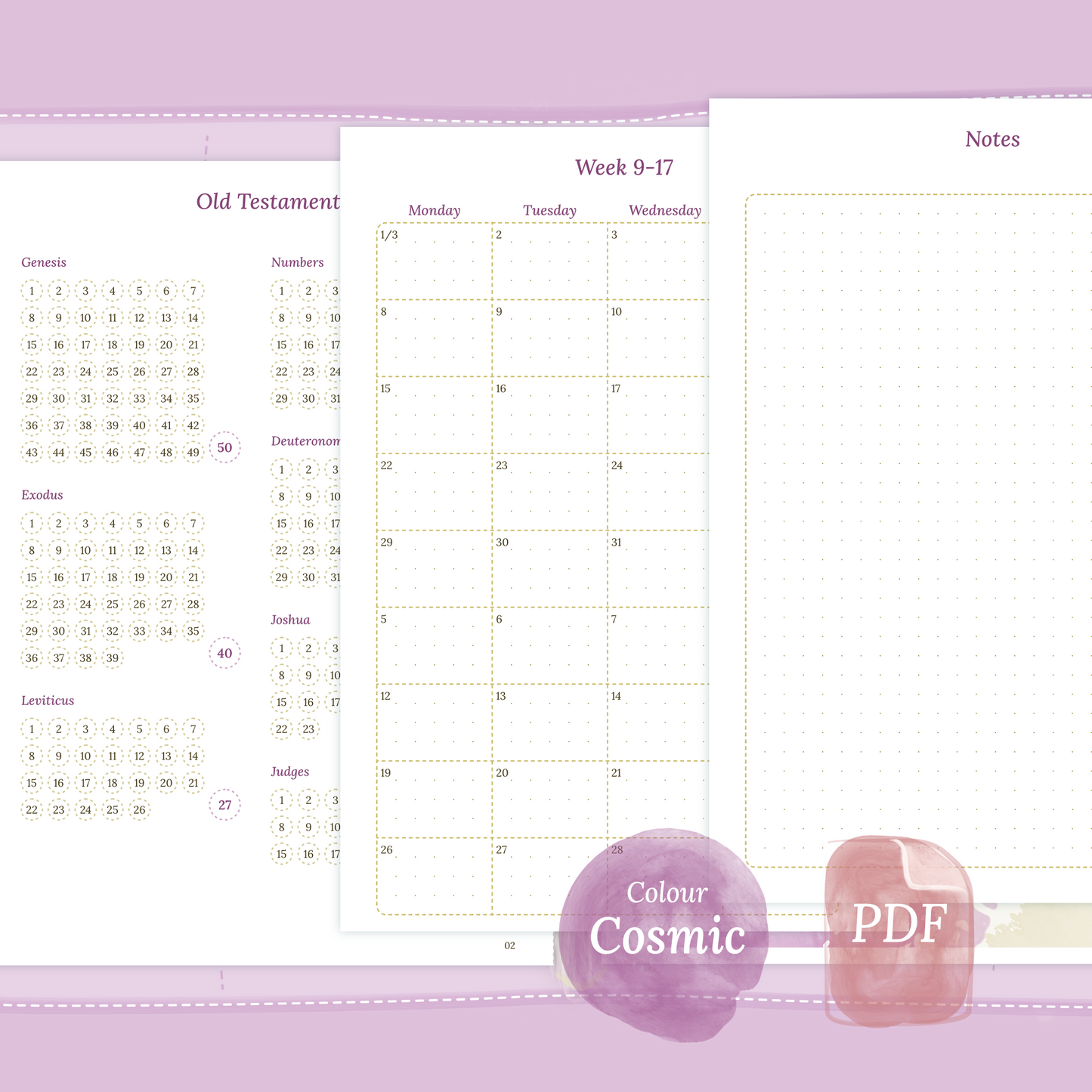 Examples featuring the printable Catholic Bible study kit inserts modules Catholic Bible journey map, 9W2P 9 weeks on 2 pages and Notes in the colour Cosmic/Raspberry.