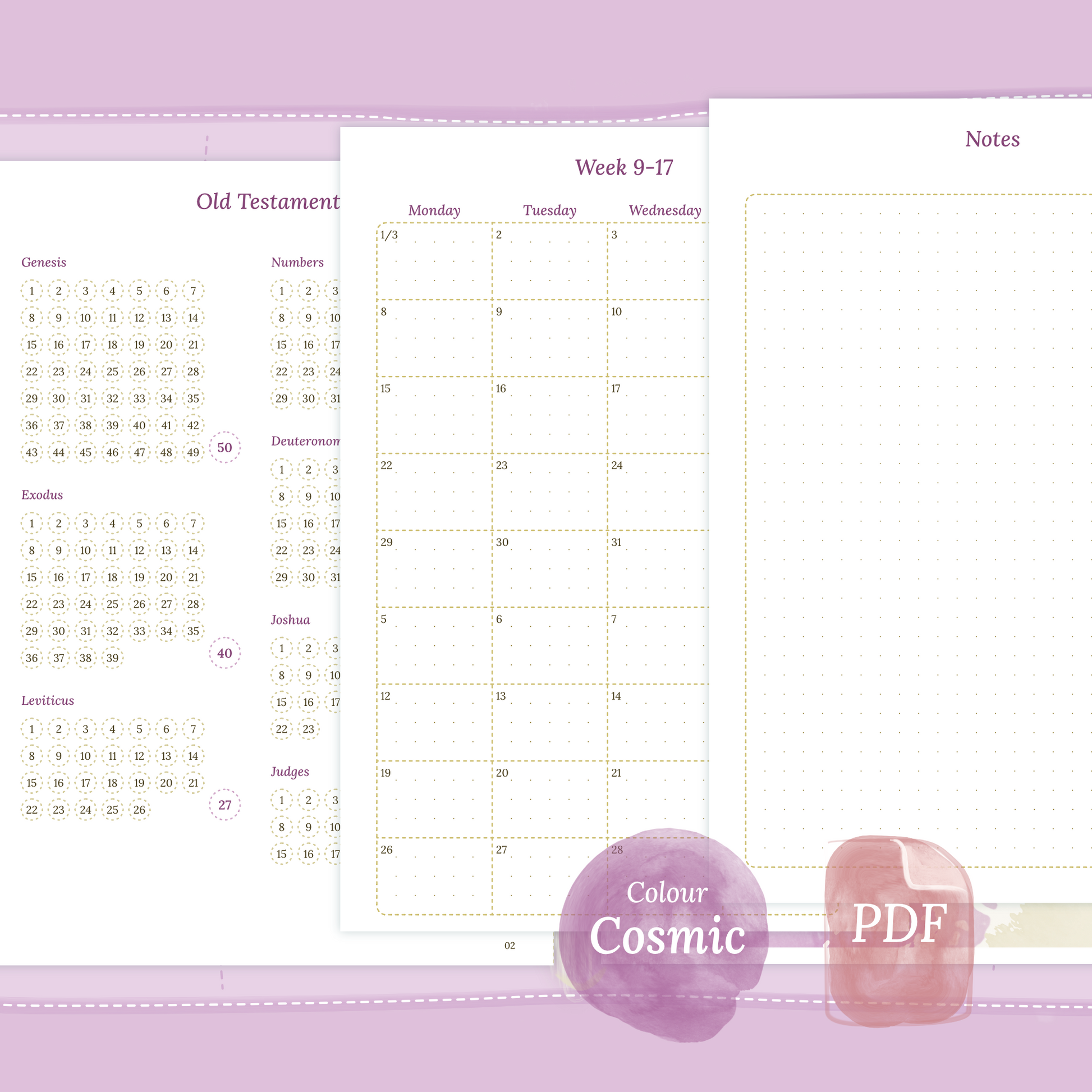 Examples featuring the printable Catholic Bible study kit inserts modules Catholic Bible journey map, 9W2P 9 weeks on 2 pages and Notes in the colour Cosmic/Raspberry.