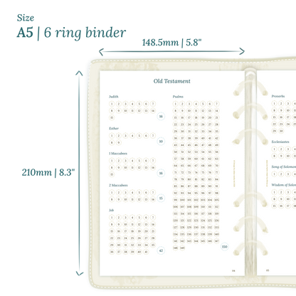 Calendar planner insert with dimensions labeled on a white background to show the size supported which is A5 for 6 ring binder.