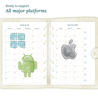 Open planner calendar insert with Windows, Android and Apple logos on a white background to show what operating systems are supported by our PDF printables.