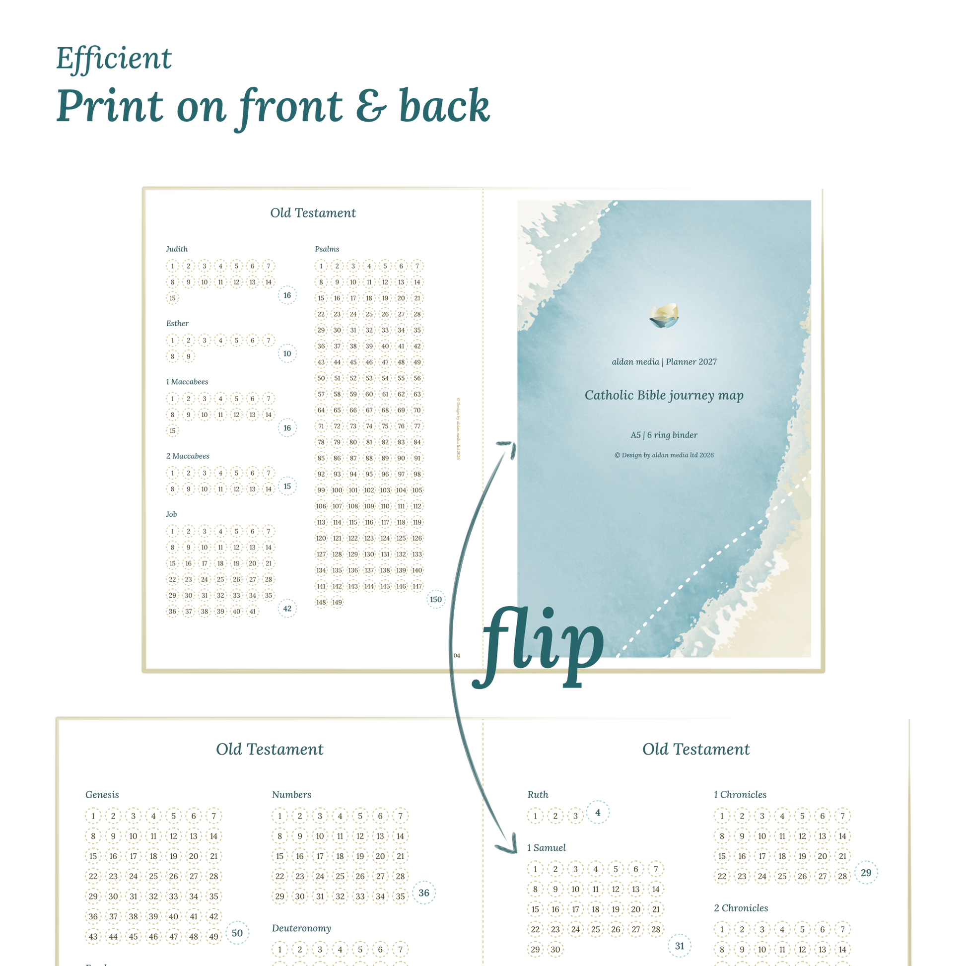Calendar design with a lake map illustration and text indicating efficient printing on front and back of the A4 page.