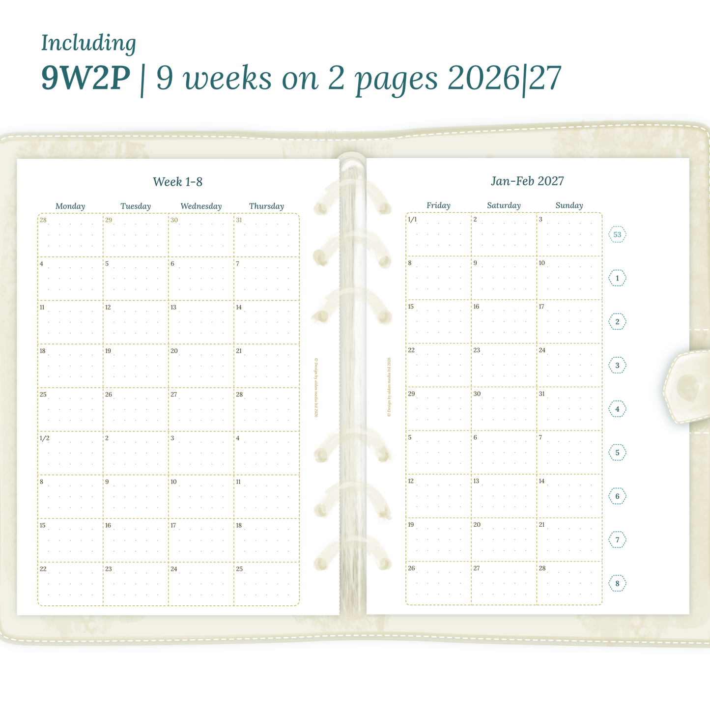 Open planner showing details of the printable planner inserts module 9W2P 9 weeks on 2 pages for January 2026 till December 2027.