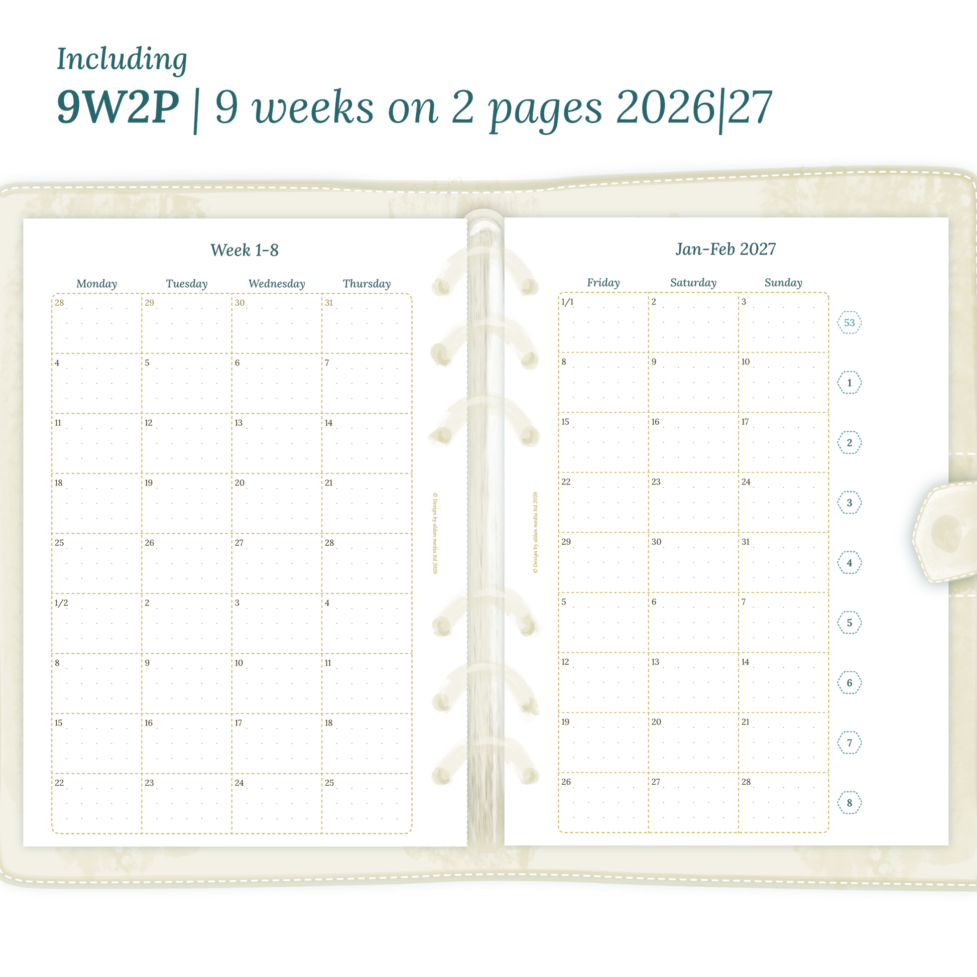 Open planner showing details of the printable planner inserts module 9W2P 9 weeks on 2 pages for January 2026 till December 2027.