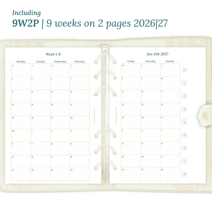 Open planner showing details of the printable planner inserts module 9W2P 9 weeks on 2 pages for January 2026 till December 2027.