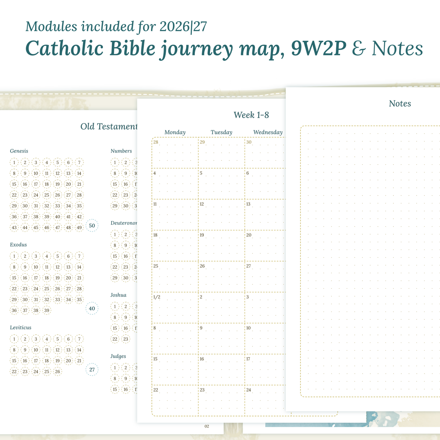 Printable Catholic Bible study kit inserts with modules for the years 2026 and 2027 featuring a Catholic Bible journey map, 9W2P 9 weeks on 2 pages and a notes.