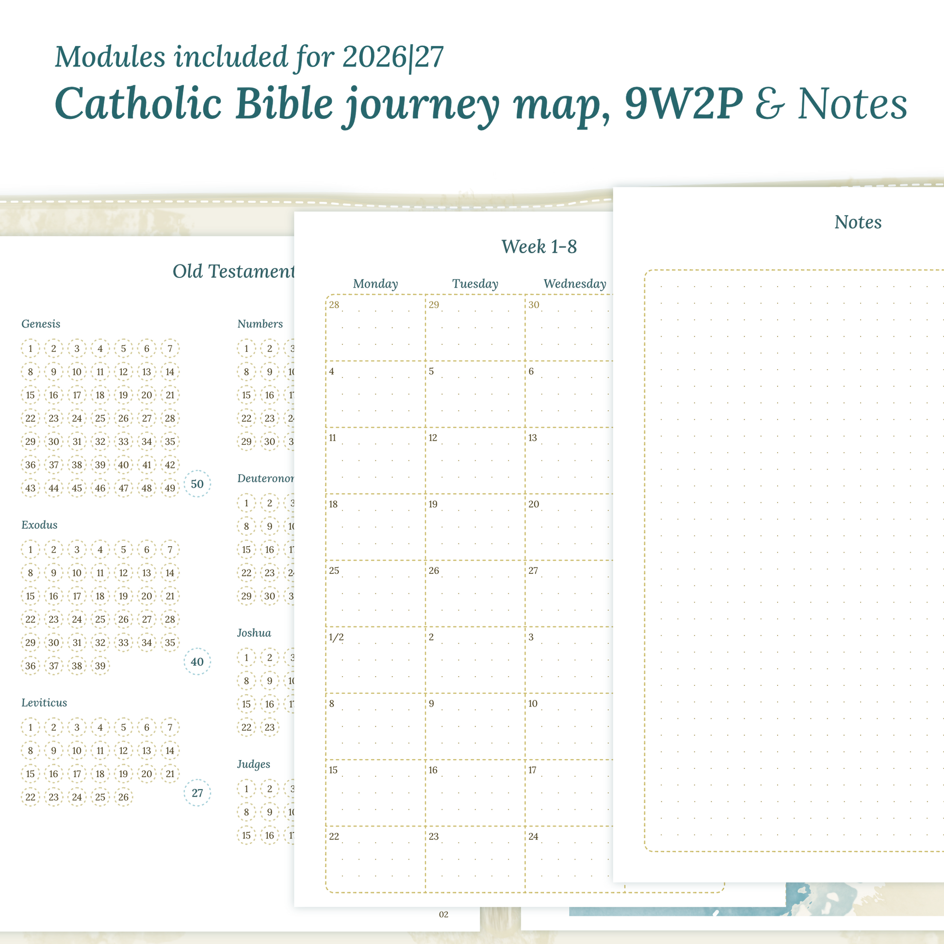 Printable Catholic Bible study kit inserts with modules for the years 2026 and 2027 featuring a Catholic Bible journey map, 9W2P 9 weeks on 2 pages and a notes.