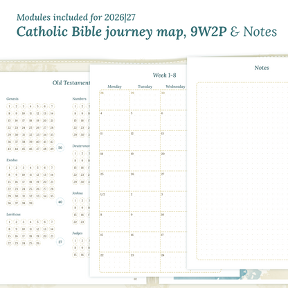 Printable Catholic Bible study kit inserts with modules for the years 2026 and 2027 featuring a Catholic Bible journey map, 9W2P 9 weeks on 2 pages and a notes.