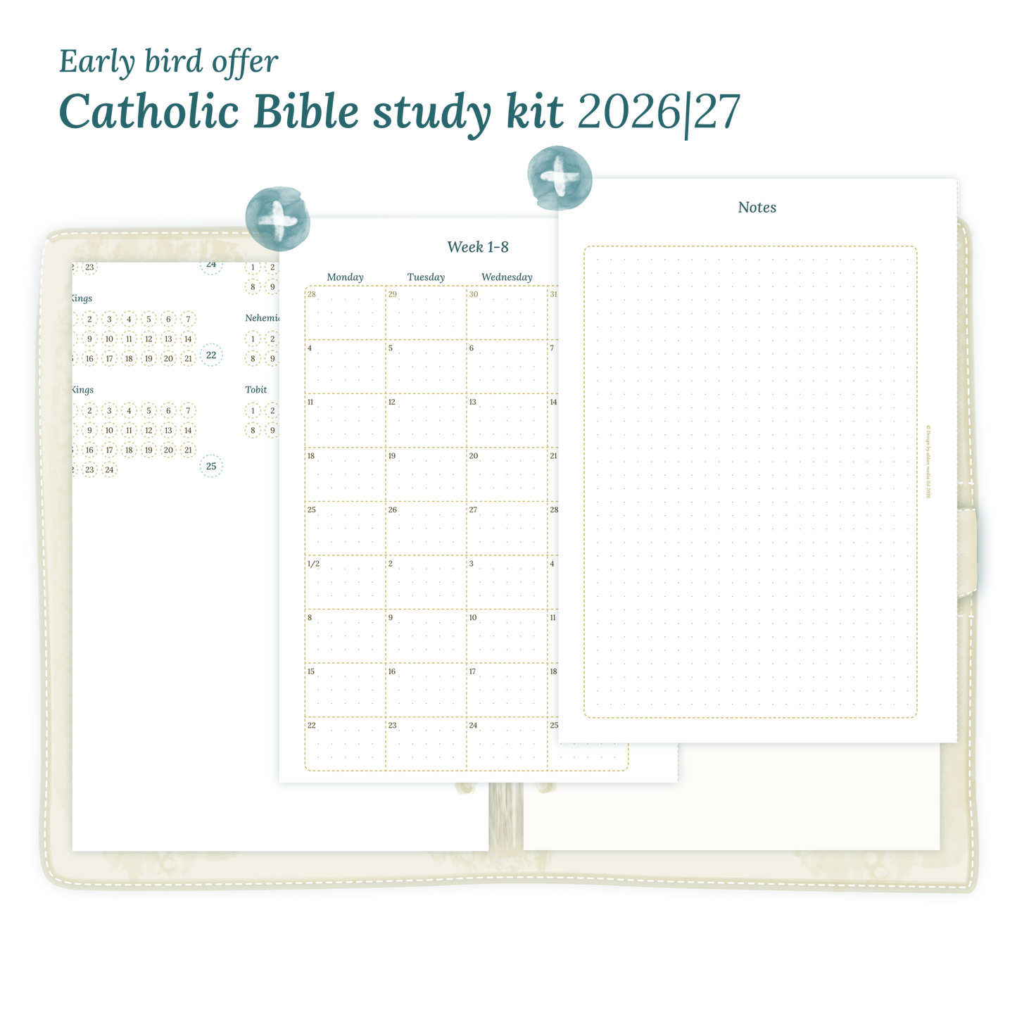 Printable Catholic Bible study kit including modules for 2026 and 2027 for A5 size 6 ring binder planner.