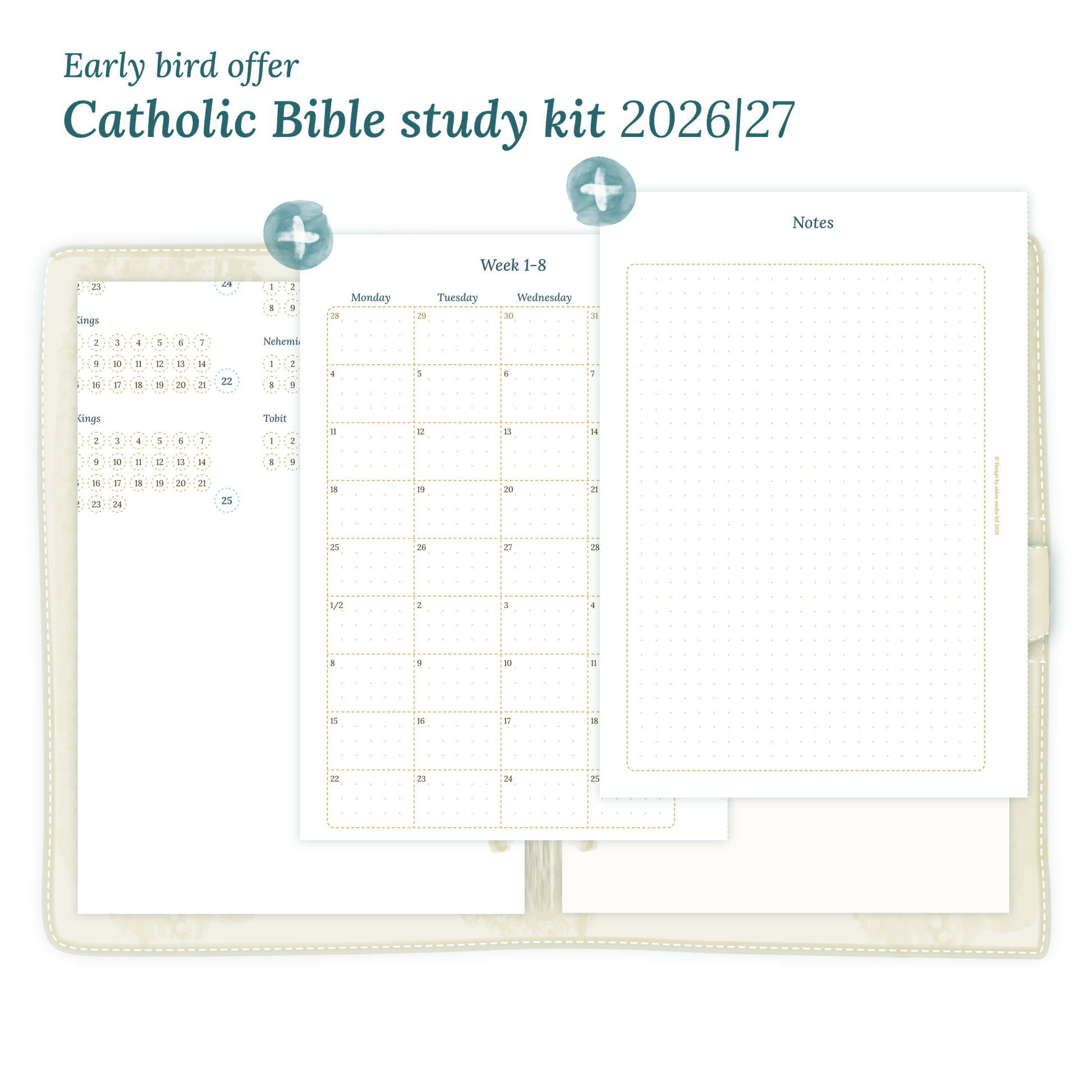Printable Catholic Bible study kit including modules for 2026 and 2027 for A5 size 6 ring binder planner.