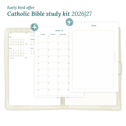 Printable Catholic Bible study kit including modules for 2026 and 2027 for A5 size 6 ring binder planner.