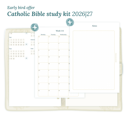 Printable Catholic Bible study kit including modules for 2026 and 2027 for A5 size 6 ring binder planner.
