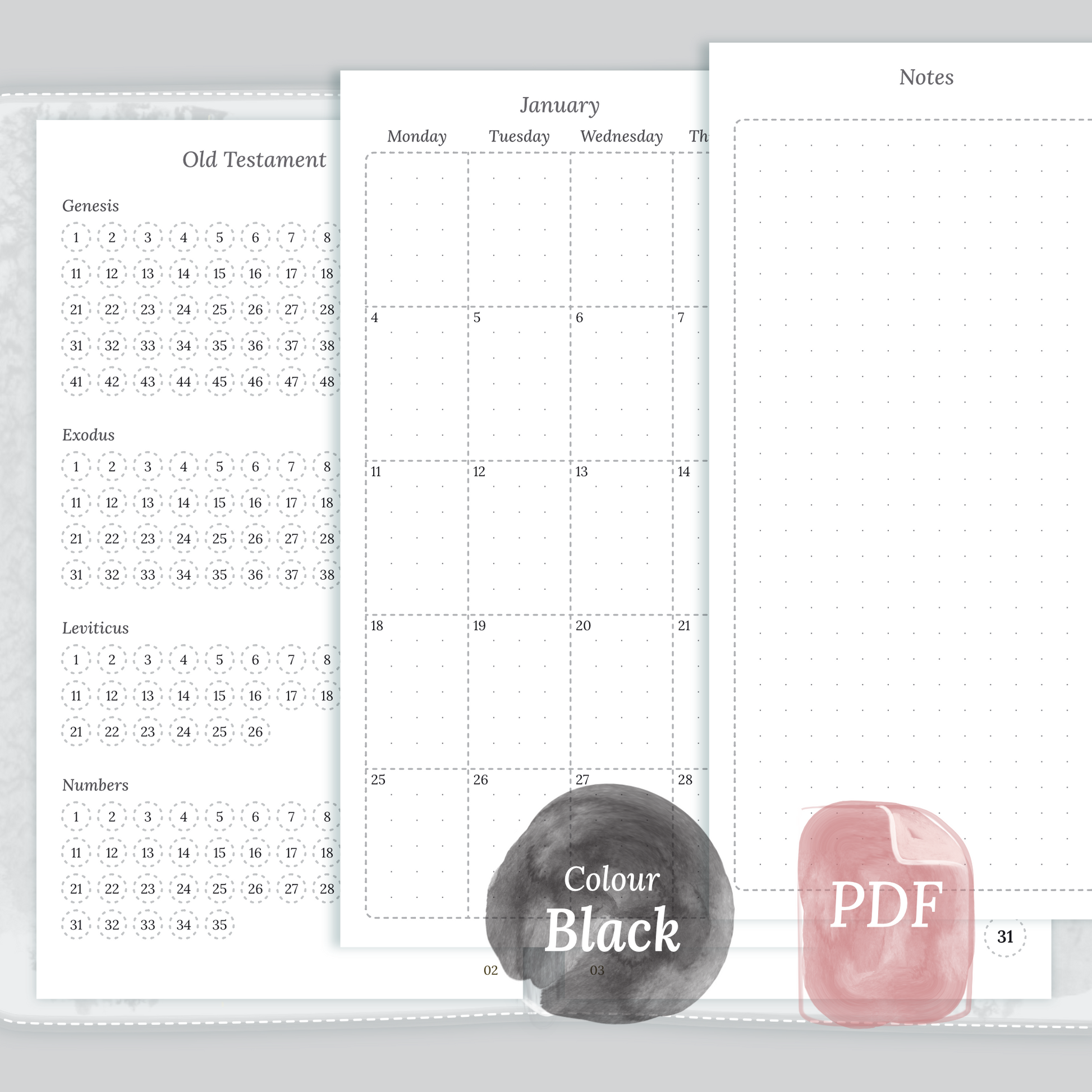 Examples featuring the PDF printable Catholic Bible study kit inserts modules Catholic Bible journey map, M2P Month on 2 pages and Notes in the colour Black & White in Personal size for 6 ring planner.