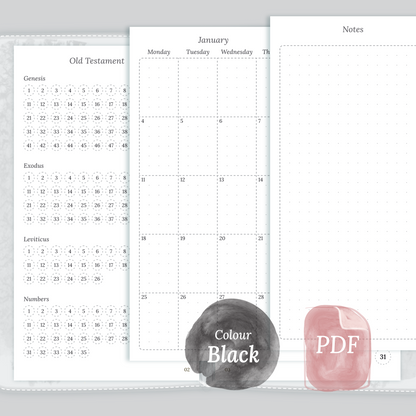 Examples featuring the PDF printable Catholic Bible study kit inserts modules Catholic Bible journey map, M2P Month on 2 pages and Notes in the colour Black & White in Personal size for 6 ring planner.