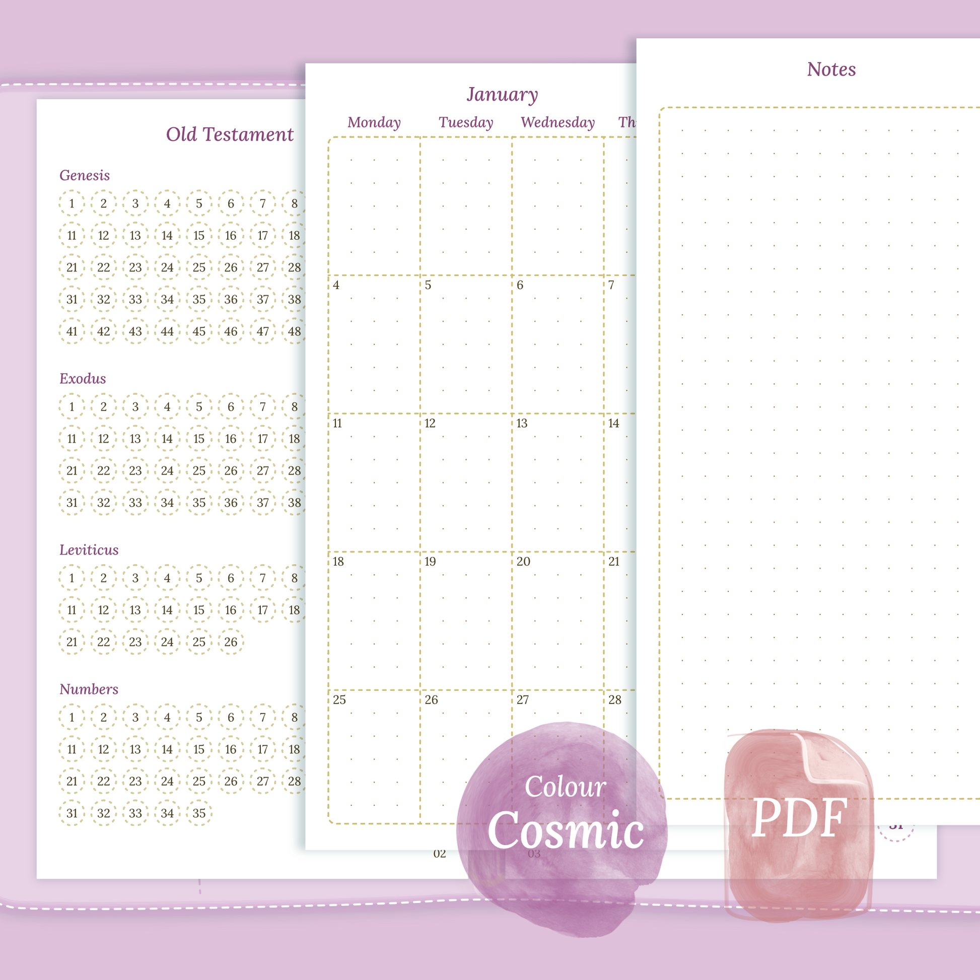Examples featuring the PDF printable Catholic Bible study kit inserts modules Catholic Bible journey map, M2P Month on 2 pages and Notes in the colour Cosmic/Raspberry in Personal size for 6 ring planner.