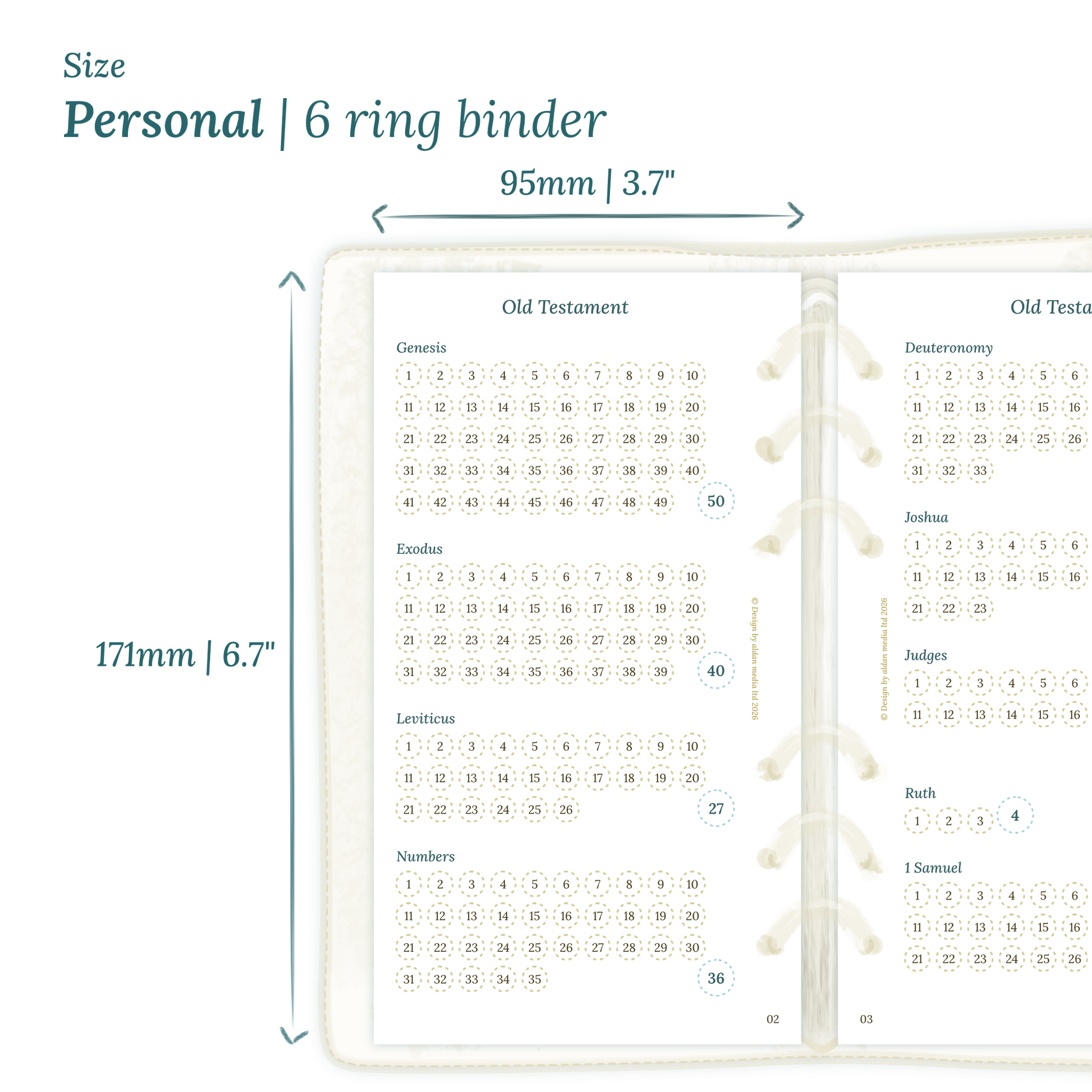 Printable PDF calendar planner insert with dimensions labeled on a white background to show the size supported which is Personal size for 6 ring binder.