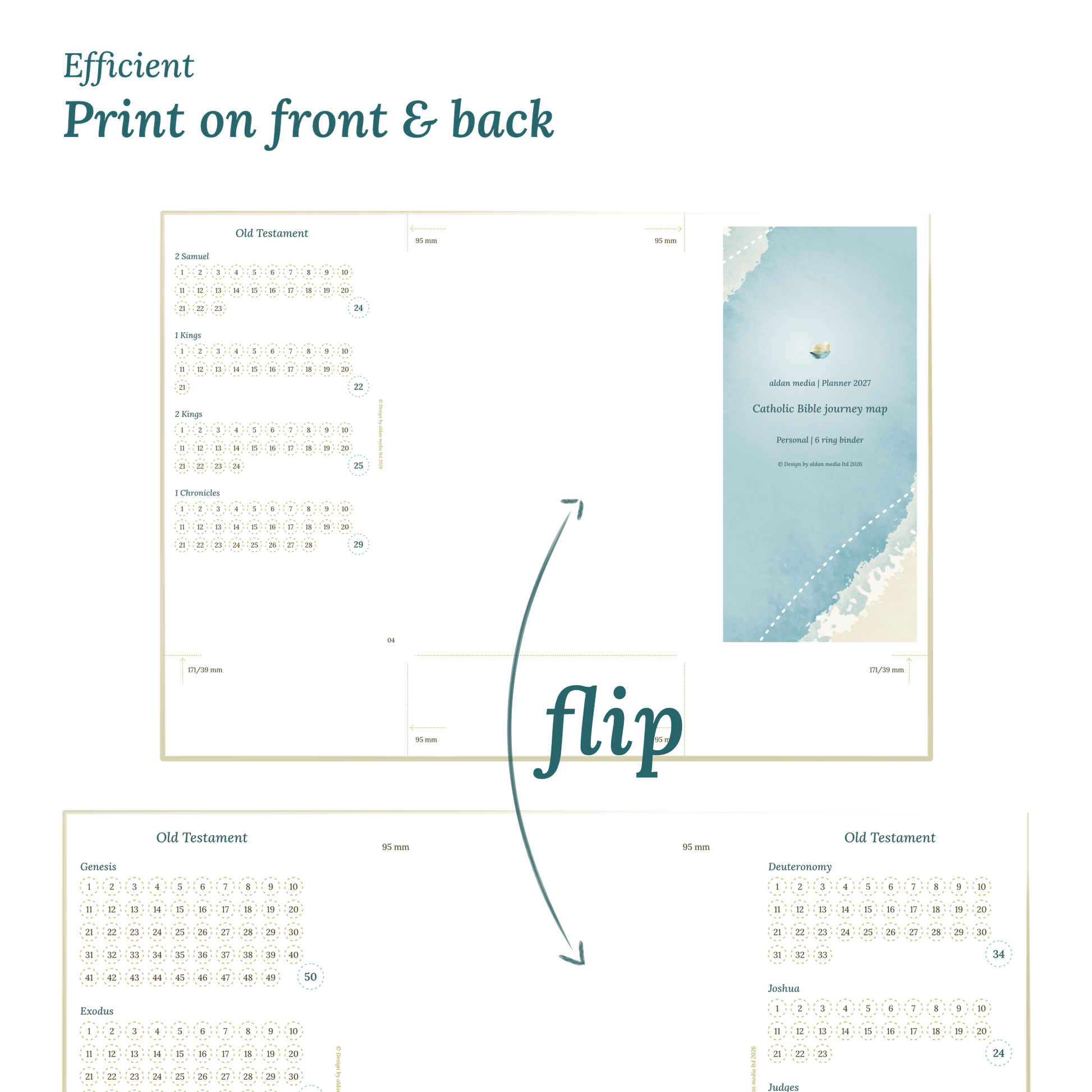Calendar design with a lake map illustration and text indicating efficient printing on front and back of the A4 page Personal size for 6 ring binder.